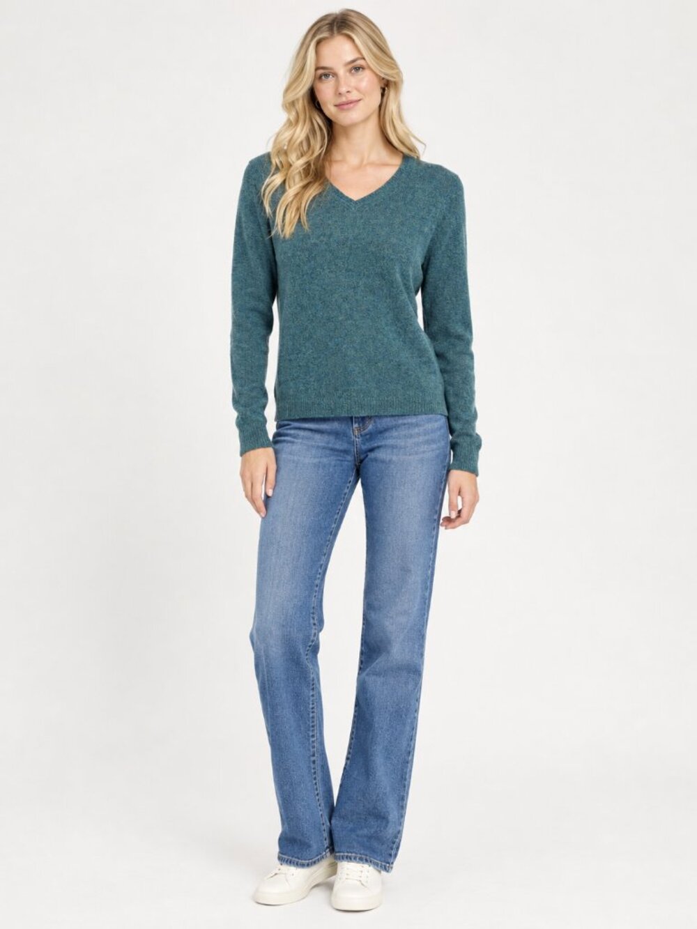 TAHARI Pure Luxe Cashmere V-Neck Sweater Heather Teal Small #A5221